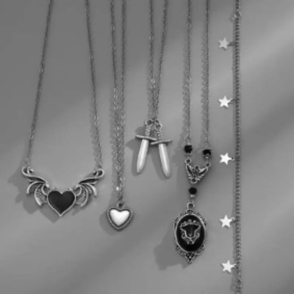 Gothic Heart & Wing Sword Pendant Necklace – Alloy Statement Jewelry - 5 pieces
